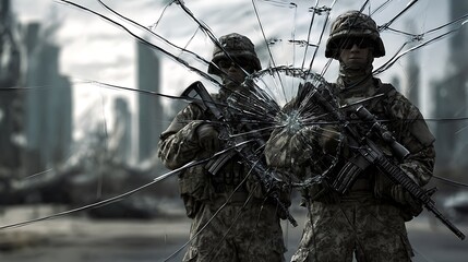 Two soldiers in camouflage amidst a ruined cityscape