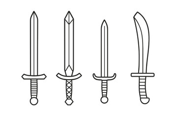 Medieval sword outline set. Vector line art weapon icons. Collection of classic fantasy, knight, and viking swords. Longsword, saber, broadsword blade design for games.