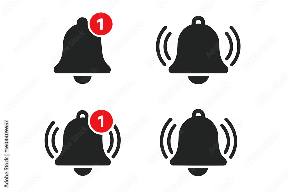 Poster notification bell icon set. new message reminder symbol. subscribe button for social media alert. ri