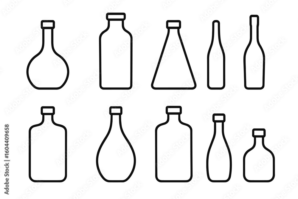 Poster bottle outline vector icon set. collection of minimalist container and flask shapes. simple line art