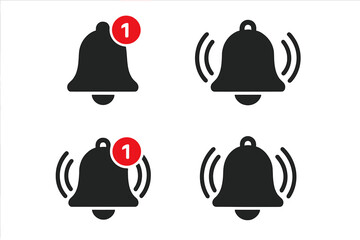 Notification bell icon set. New message reminder symbol. Subscribe button for social media alert. Ringing alarm sign for web and mobile app UI UX. Vector graphic.