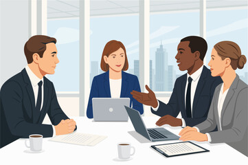 Business meeting in office,speaking,discussion work,partnership, business proposal, different people  with documents and laptops . Vector illustration.