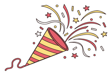 Party Popper Vector Illustration — Exploding Confetti and Stars on White Background