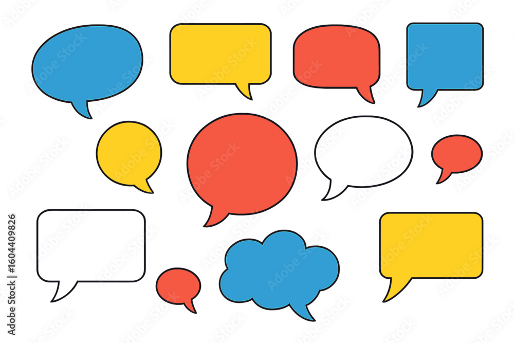 Poster colorful speech bubbles vector set. collection of chat and dialogue boxes in various shapes. communi