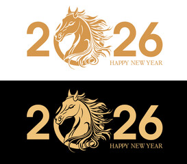 Chinese New Year 2026 logo design. Year of the Horse. Horse Chinese Zodiac Symbol. Gold color on white and balck background.
