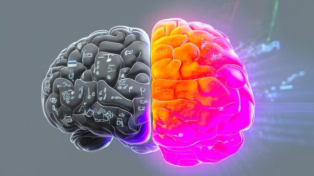 a high-quality 3D animation of a human brain split into two distinct hemispheres