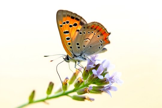 Close up of a small orange butterfly with black spots resting on a purple wildflower