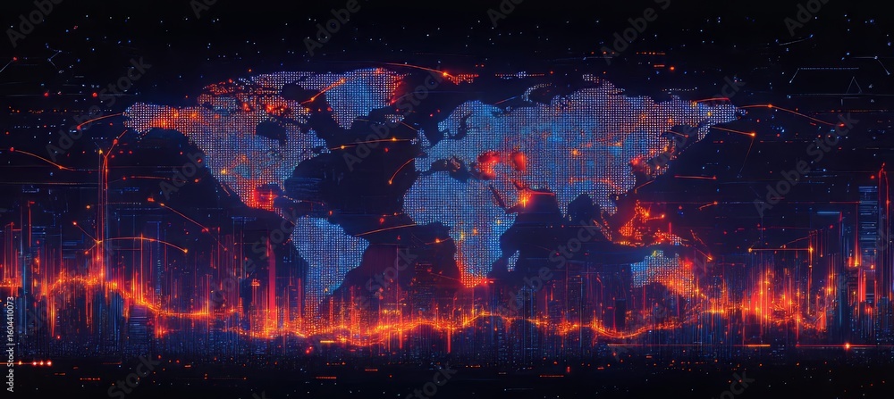 Poster global financial data visualization with interactive maps and business connections across the world