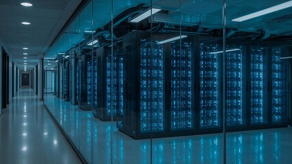 A clean, organized, and aesthetically pleasing server room in a 2025 technology office. The glowing blue LEDs on the server racks symbolize the power of data, cloud computing, and the digital infrastr
