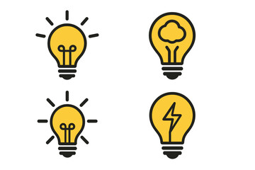 Light bulb icon set. Symbol for idea, innovation, creative thinking, brainstorming, solution. Metaphor for energy, power, electricity, eureka moment, and inspiration.