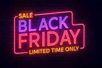 Black Friday sale sign glowing in vibrant neon colors showcasing limited time offers for holiday shoppers at night in a retail environment