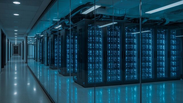 A clean, organized, and aesthetically pleasing server room in a 2025 technology office. The glowing blue LEDs on the server racks symbolize the power of data, cloud computing, and the digital infrastr