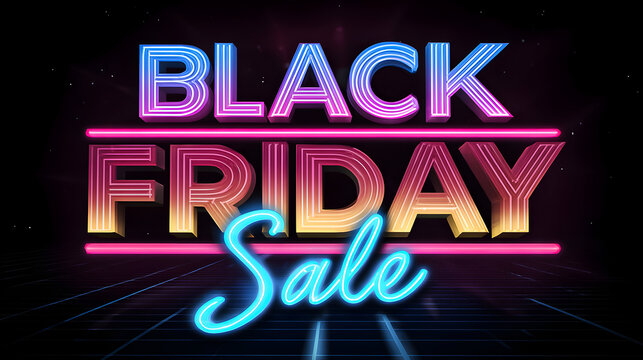 Bright neon signage announcing a Black Friday sale in an urban setting with a futuristic design and energetic colors