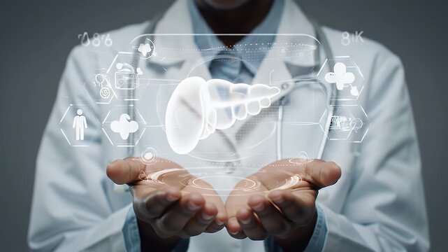 Physician Holding Digital Pancreas Hologram Displaying Internal Organ Anatomy in Medical Concept with Futuristic Elements
