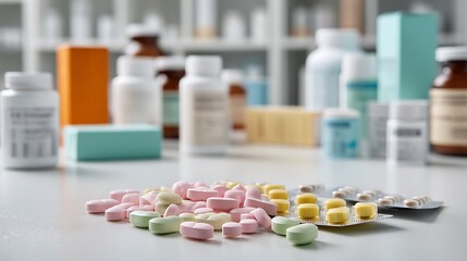 Pile of colorful pharmaceutical pills and blister packs on a pharmacy counter