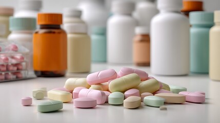 Pile of colorful pills and medicine bottles on a white surface