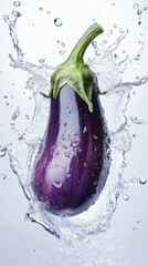 Fresh Eggplant Splashing in Clear Water with Droplets and Bubbles