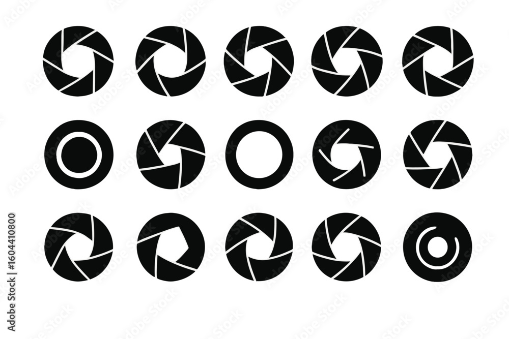 Poster camera shutter aperture icon set. black and white vector illustration. collection of 16 unique photo