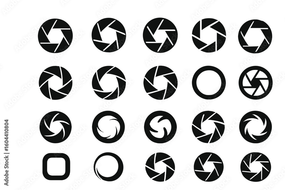 Poster camera shutter icon set. vector collection of aperture and diaphragm symbols. minimalist black and w