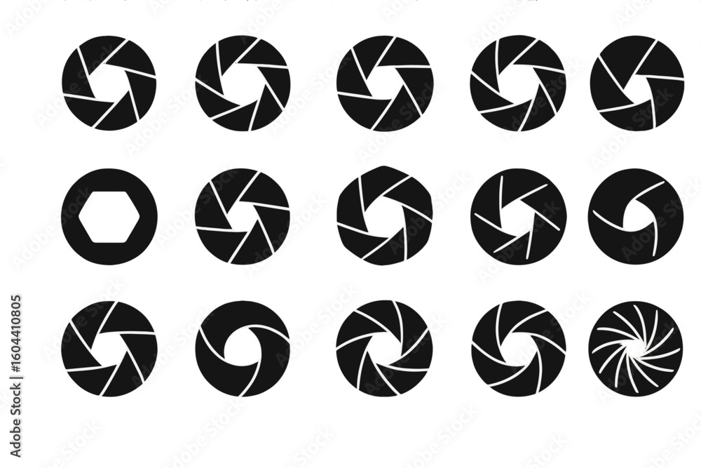Poster camera shutter icon set. black and white vector collection of 16 unique aperture and diaphragm desig