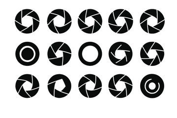 Camera shutter aperture icon set. Black and white vector illustration. Collection of 16 unique photography symbols for graphic and web design. Diaphragm logo element concept.