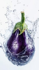 Fresh Eggplant Splashes into Clear Water with Vibrant Colors