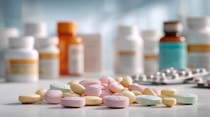 Pile of colorful pills and medication bottles in the background