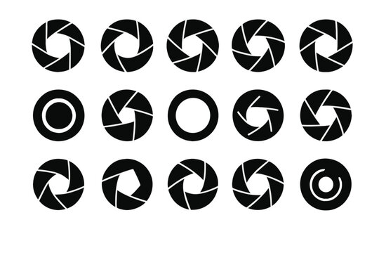Camera shutter aperture icon set. Black and white vector illustration. Collection of 16 unique photography symbols for graphic and web design. Diaphragm logo element concept.