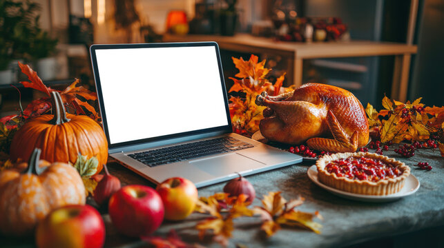 A laptop mockup on the Thanksgiving table. A traditional Canadian and American holiday. An open laptop sits on a table with roast turkey, apples and pumpkin. Autumn holiday