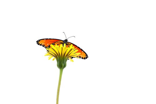 Fototapeta Orange butterfly resting on a bright yellow dandelion flower against a white background