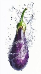 Fresh Eggplant with Water Splash Isolated on White Background