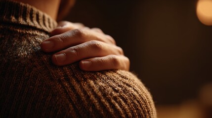A close-up of a hand resting gently on a person's shoulder, both warmly lit, conveying comfort and support.