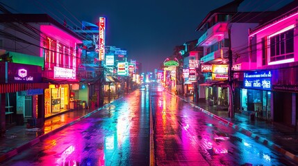 Nighttime Songkran festival in Pattaya, neon lights reflecting on wet streets, a vibrant party atmosphere