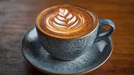 A beautifully crafted cup of cappuccino with intricate latte art served in a patterned ceramic cup and saucer on a wooden table.