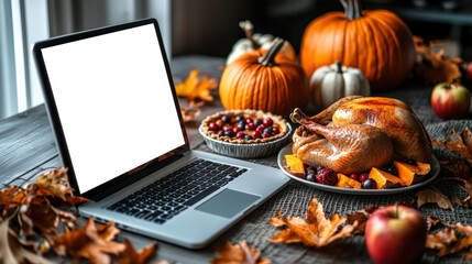 Traditional Thanksgiving dinner. Laptop mockup. An invitation to the autumn festival. On the table is a laptop with a white screen, a plate with a pie and a turkey. The scene is festive