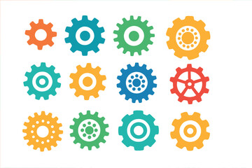 Colorful gear shapes vector set. Cogwheel designs and abstract mechanical elements. Retro industrial icons for engineering symbols and technical illustrations. Teamwork concept.