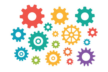 Colorful gear shapes and cogwheel designs. Abstract mechanical elements and retro industrial icons. Decorative gears and engineering symbols for technical illustrations.