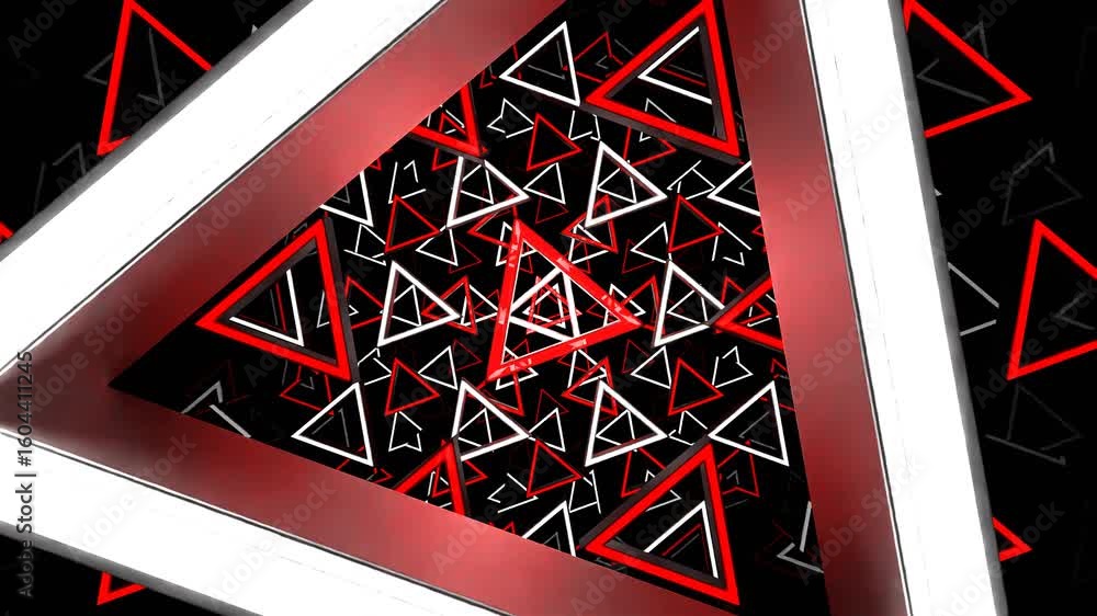 Poster abstract geometric pattern featuring glowing red and white triangles against a dark background, crea