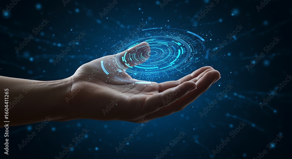 Poster human hand presenting a glowing blue digital interface with circular patterns and particles against 