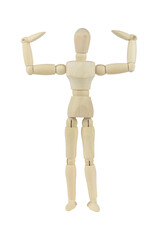 wooden man, wooden mannequin showing biceps isolated from background