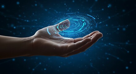 Human hand presenting a glowing blue digital interface with circular patterns and particles against a dark background