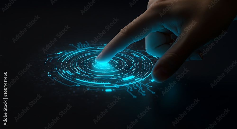 Poster finger activating a glowing blue futuristic digital interface with circular circuitry patterns