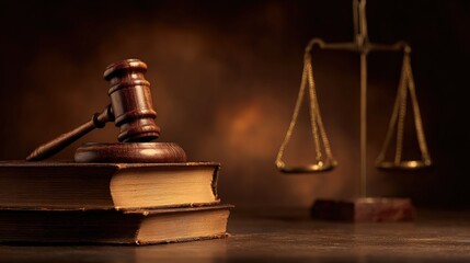 A wooden gavel rests on stacked books with a blurred golden balance scale in the background, symbolizing law, justice, and legal authority.