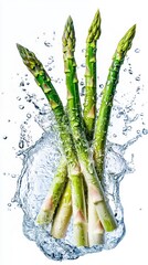 Fresh Asparagus Stems Splashing in Water with Bubbles and Droplets