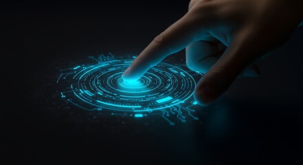 Finger activating a glowing blue futuristic digital interface with circular circuitry patterns