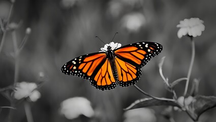 Naklejka premium Vibrant orange monarch butterfly on a delicate flower with selective color