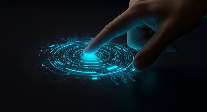 Finger activating a glowing blue futuristic digital interface with circular circuitry patterns