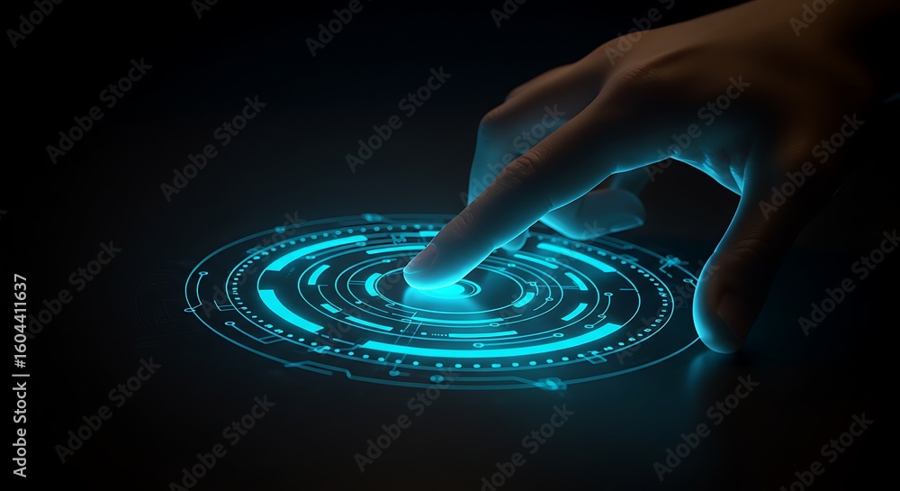 Aufkleber finger activating a glowing blue futuristic digital interface with circular circuitry patterns