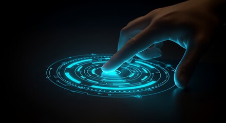 Finger activating a glowing blue futuristic digital interface with circular circuitry patterns