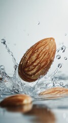 Almond Splash in Clean Water with Clear Drops and Ripples